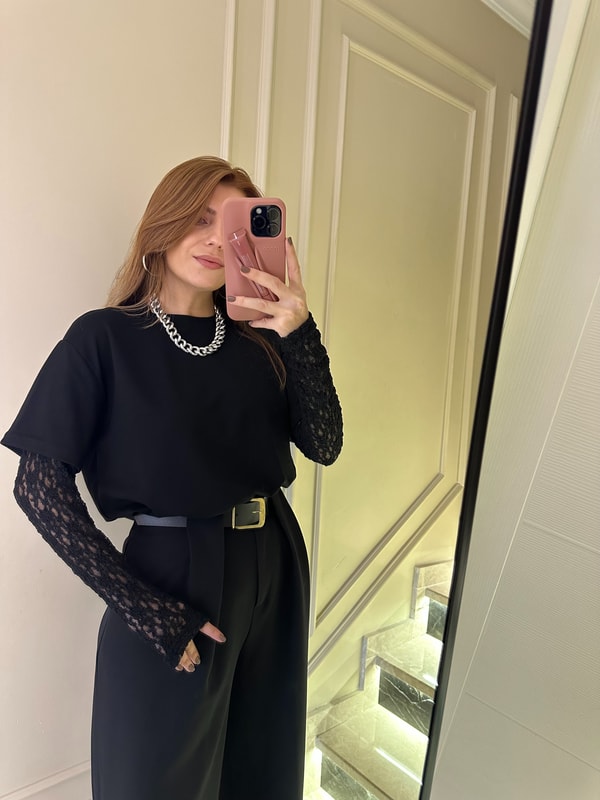 Uzun Kollu BluzSiyah Kol Dantelli İkili Bluz