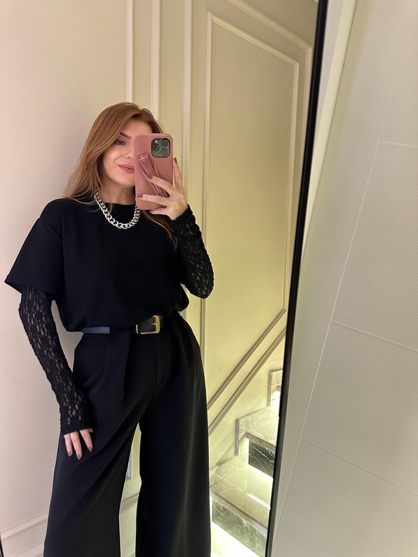 Uzun Kollu BluzSiyah Kol Dantelli İkili Bluz