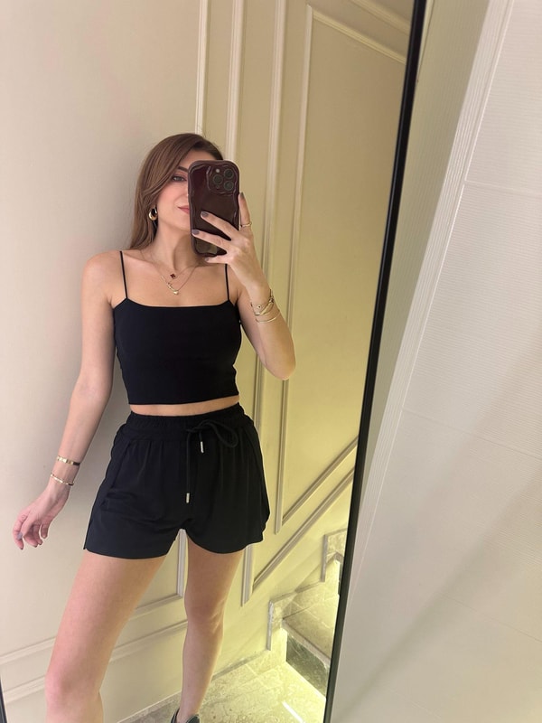 Beli Lastikli ŞortSiyah Sandy Kumaş Sporcu Şort