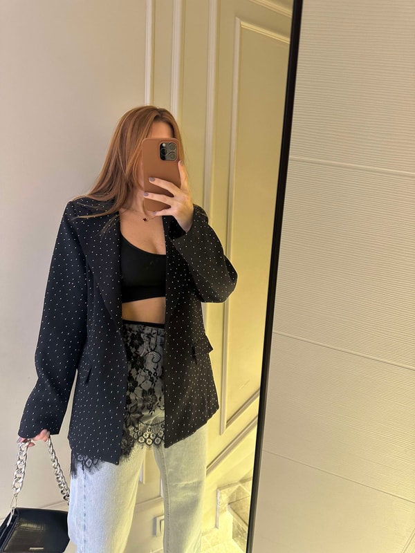 CeketSiyah Taşlı Oversize Blazer Ceket