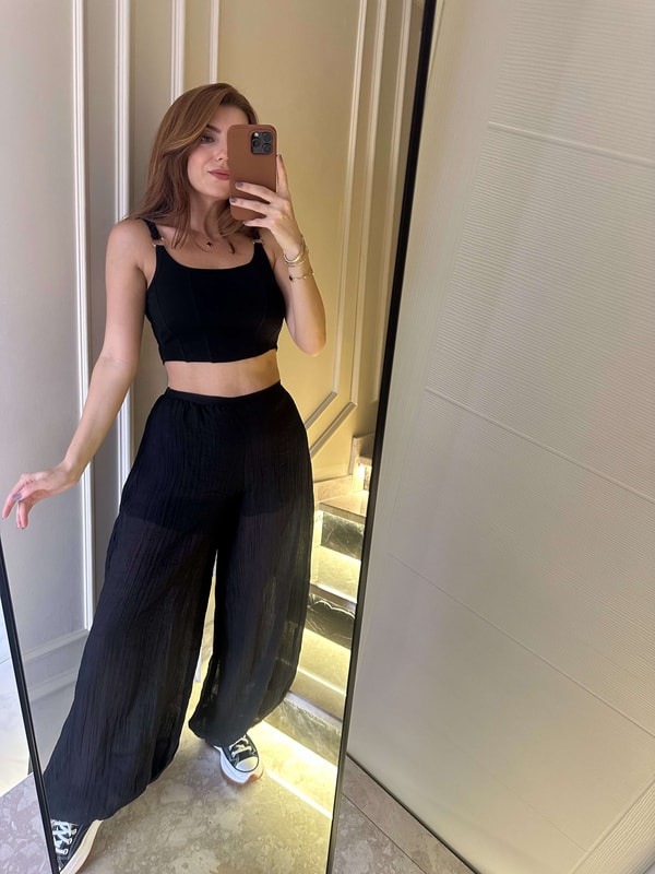 PantolonSiyah Transparan Şortlu Balon Pantolon
