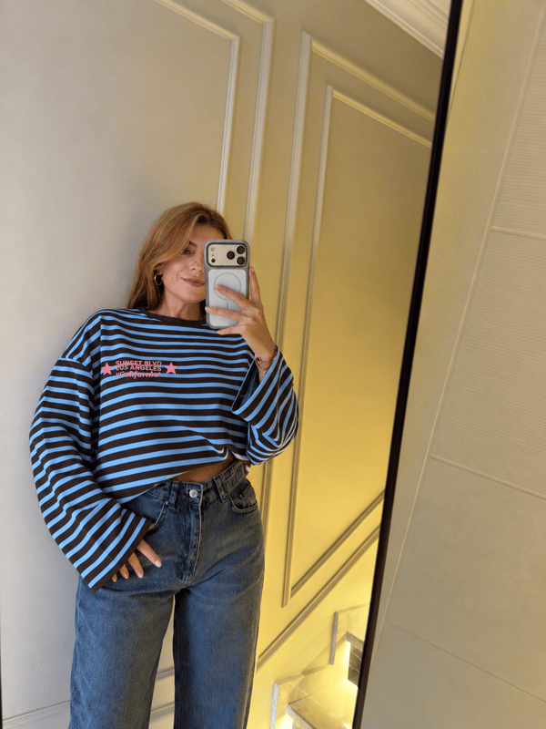 Bisiklet Yaka SweatshirtSunset Blvd Ön Arka Baskılı Sweatshirt - KahveMavi