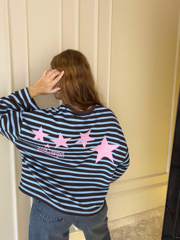 Bisiklet Yaka SweatshirtSunset Blvd Ön Arka Baskılı Sweatshirt - KahveMavi
