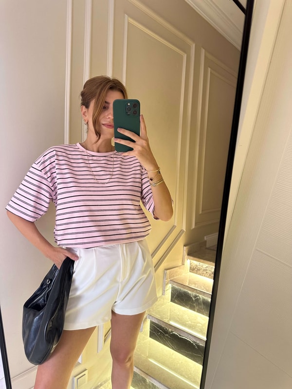 TişörtToz Pembe Çizgili Salaş Tshirt