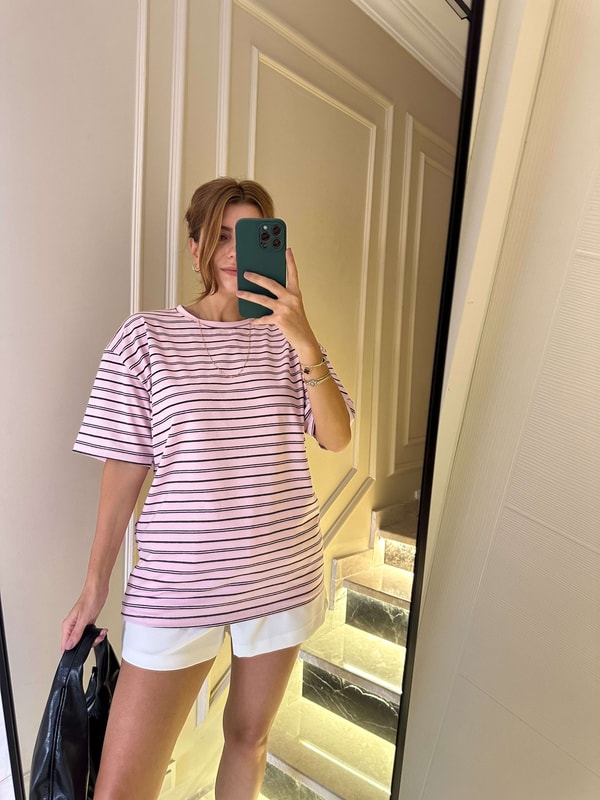 TişörtToz Pembe Çizgili Salaş Tshirt
