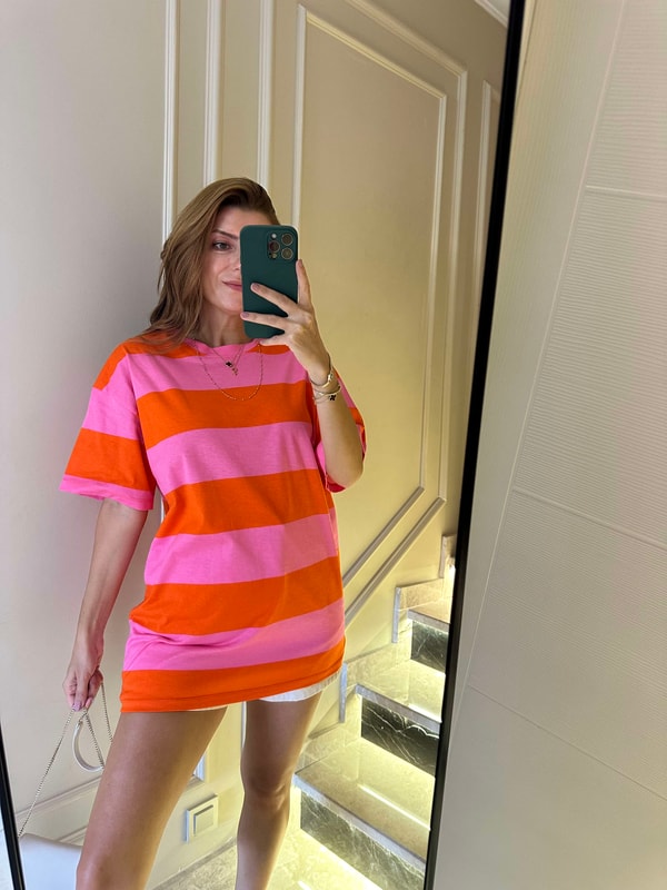 TişörtTuruncu Kalın Çizgili Salaş Tshirt