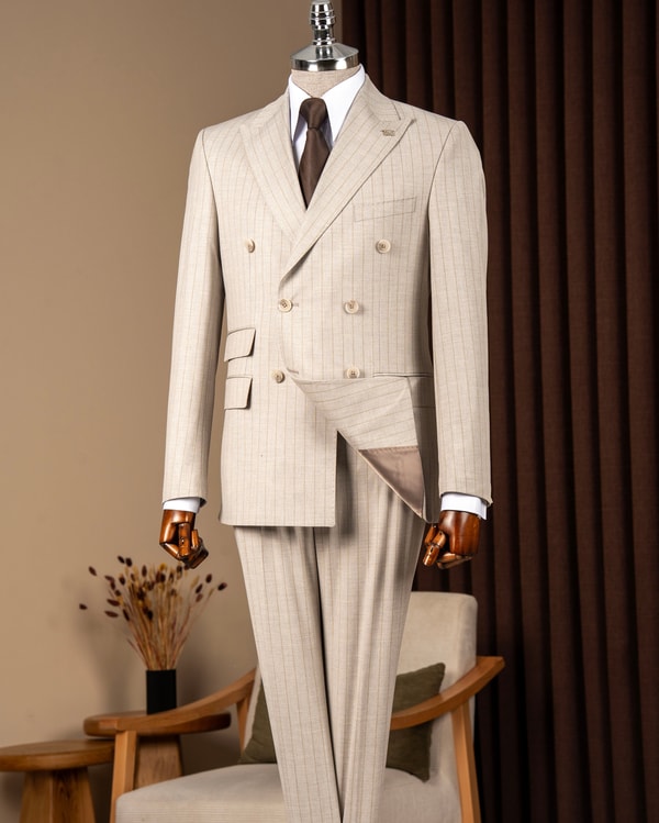 Slim fit erkek sivri yaka çizgili kruvaze ceket pantolon takım elbise bej T20142-09
