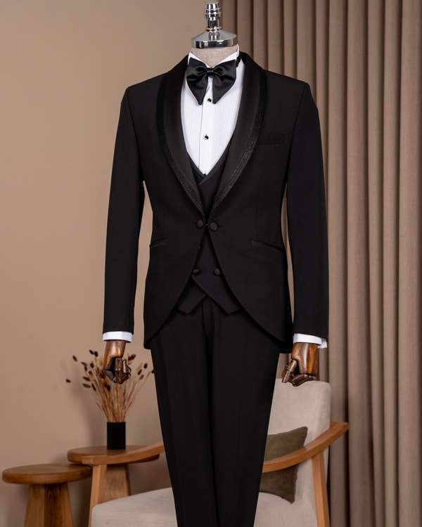 Slim fit erkek şal yaka ceket yelek pantolon damatlık set siyah T20072-01