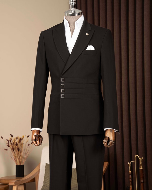 Slim fit erkek sivri yaka şerit detaylı ceket pantolon takım elbise siyah T20146-01