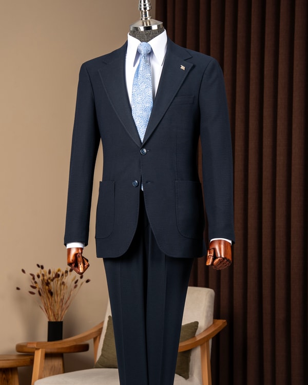 Slim fit torba cep sivri yaka gofre kumaş ceket pantalon takım elbise lacivert T20102-02