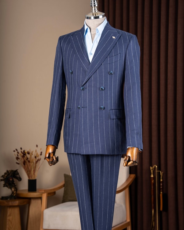 Slim fit erkek kruvaze sivri yaka çizgili keten takım elbise lacivert T20100-02