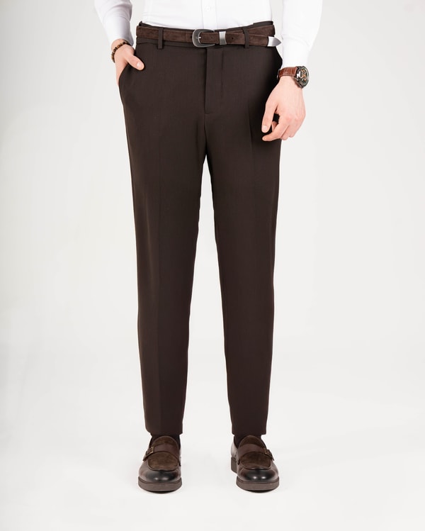 İtalyan stil slim fit bel detaylı erkek pantolon kahverengi T20008-03