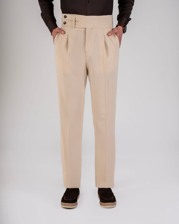 İtalyan stil slim fit erkek bel detaylı tokalı pantolon bej T20037-09