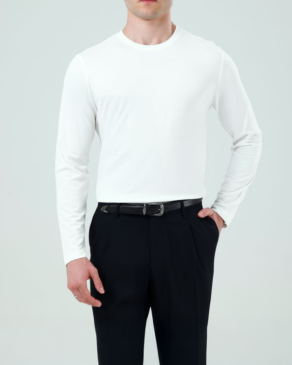 İtalyan stil slim fit bisiklet yaka uzun kollu triko tişört beyaz T14948