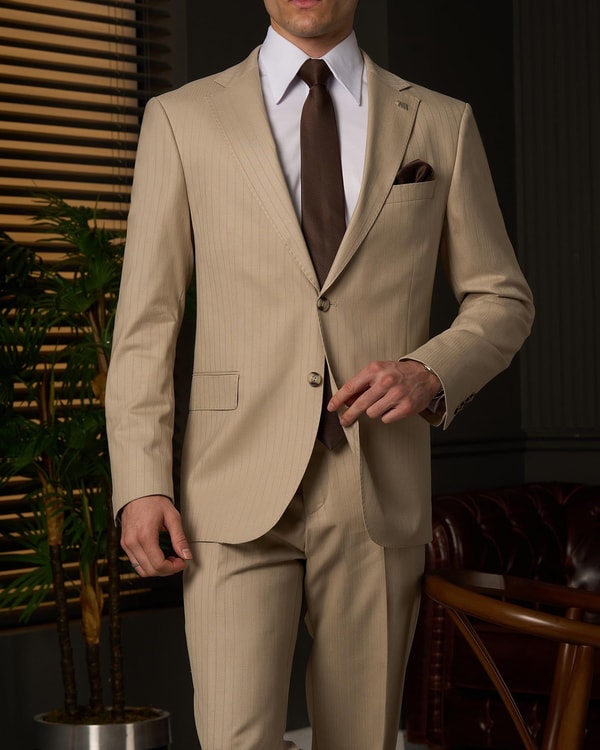 Regular fit erkek mono yaka ceket pantolon takım elbise bej T20156-09