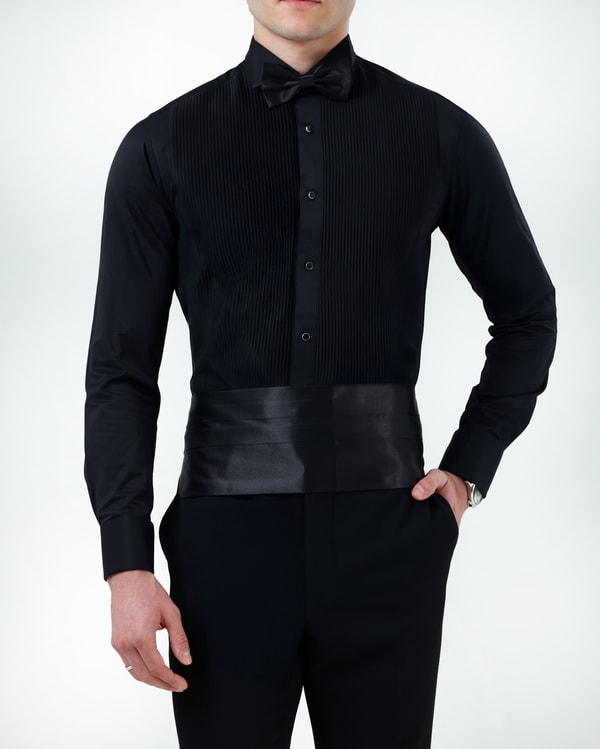 İtalyan stil slim fit erkek ata yaka pliseli gömlek siyah T20002-01