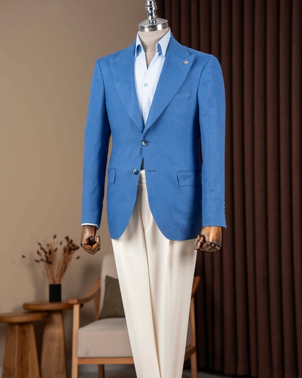 Slim fit erkek sivri yaka keten tek ceket saks T20157-22
