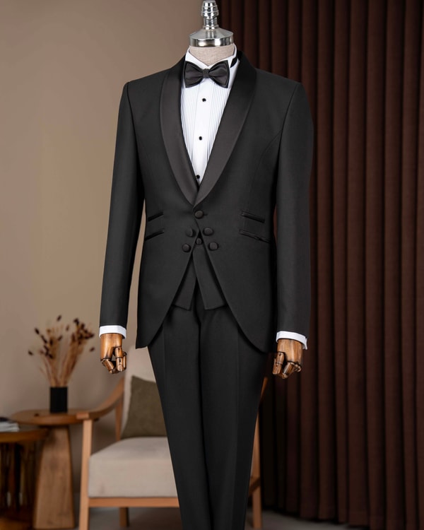 Slim fit erkek şal yaka ceket yelek pantolon damatlık set siyah T20070-01