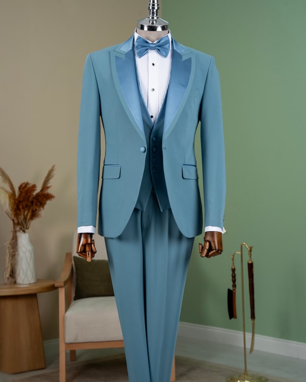 İtalyan stil slim fit şal yaka ceket yelek pantolon damatlık set mavi T14335