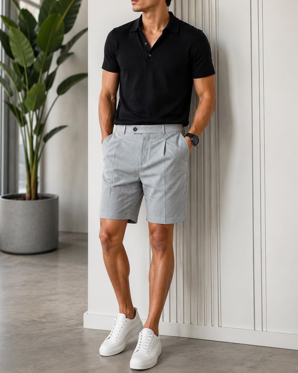 İtalyan stil slim fit erkek gofre çizgili kumaş klasik şort gri T20094-04