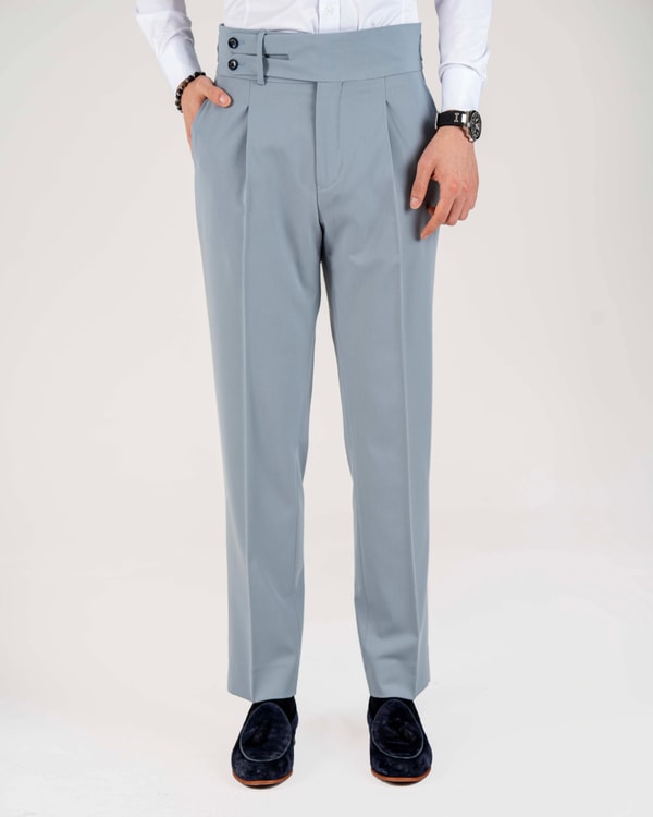 İtalyan stil slim fit erkek bel detaylı tokalı pantolon mavi T20037-19