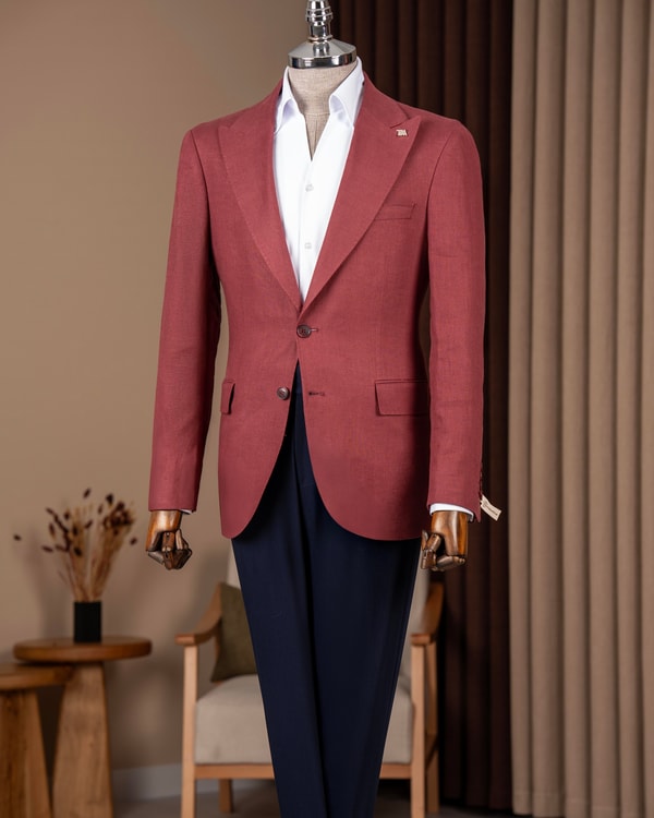 Slim fit erkek sivri yaka keten tek ceket bordo T20157-10