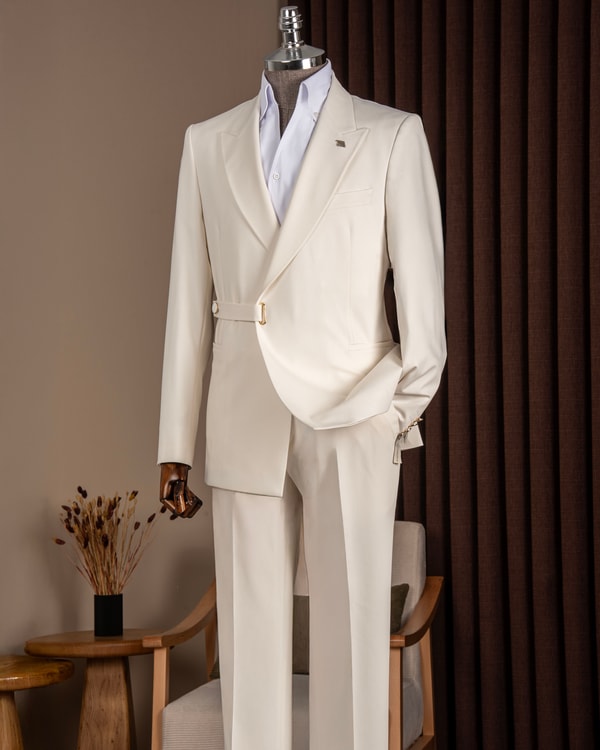 Slim fit erkek sivri yaka bel detaylı ceket pantolon takım elbise beyaz T20147-07