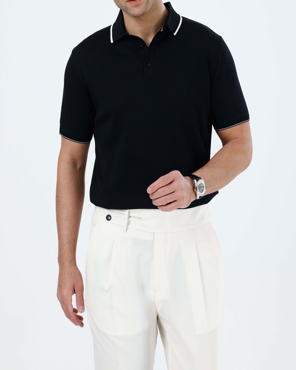 İtalyan stil slim fit erkek polo yaka kısa kollu triko tişört siyah T20032-01