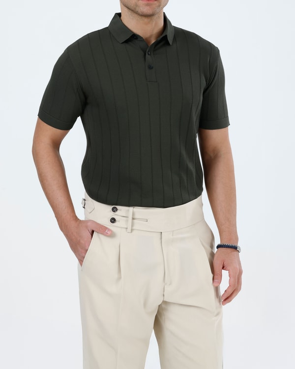İtalyan stil slim fit polo yaka triko tişört haki T13772
