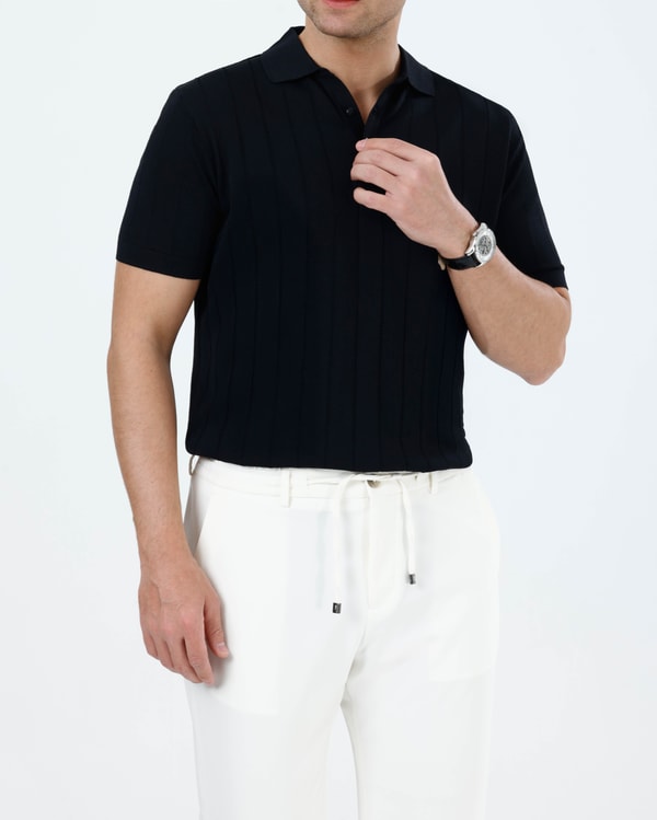 İtalyan stil slim fit polo yaka triko tişört siyah T13771