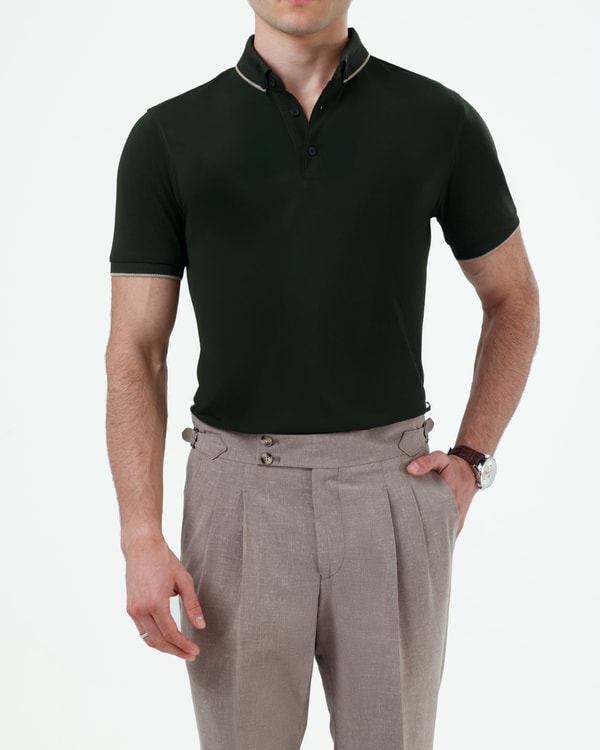 İtalyan stil slim fit erkek polo yaka kısa kollu triko tişört haki T20041-06