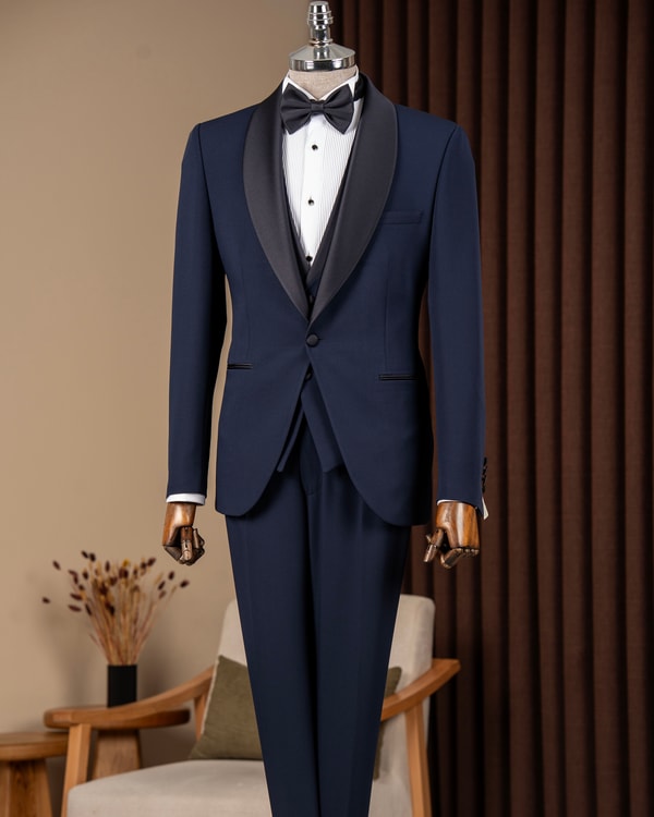Slim fit erkek şal yaka ceket yelek pantolon damatlık set lacivert T20073-02