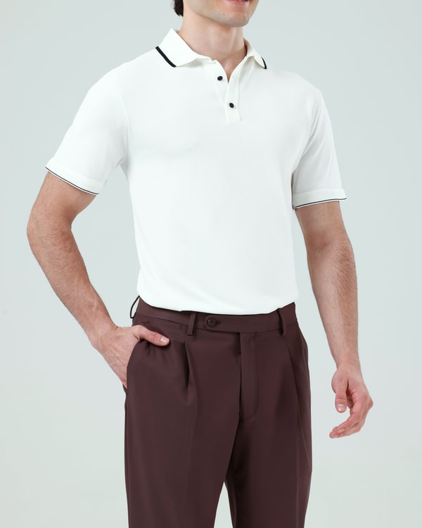 İtalyan stil slim fit erkek polo yaka kısa kollu triko tişört ekru T20032-05