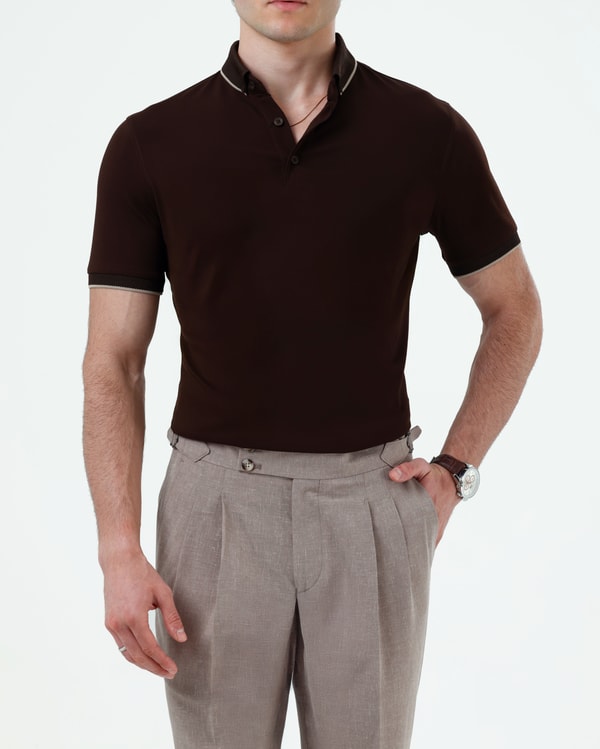 İtalyan stil slim fit erkek polo yaka kısa kollu triko tişört kahverengi T20041-03