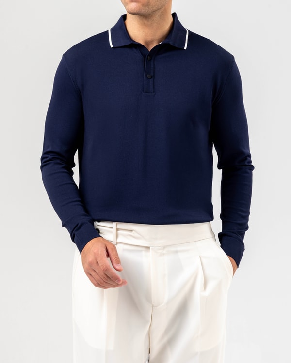 İtalyan stil slim fit erkek polo yaka uzun kollu triko tişört lacivert T20033-02