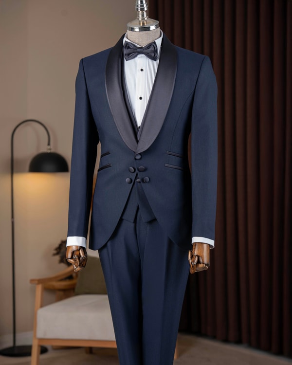 Slim fit erkek şal yaka ceket yelek pantolon damatlık set lacivert T20070-02