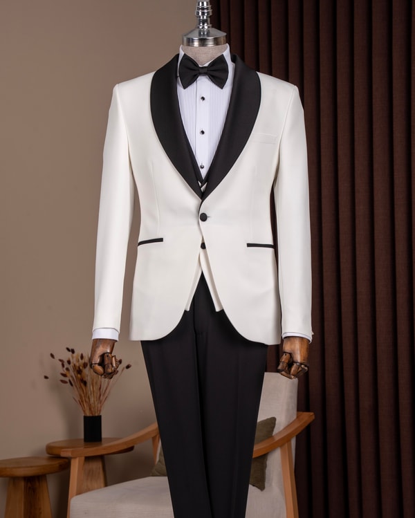 Slim fit erkek şal yaka ceket yelek pantolon damatlık set beyaz T20073-07