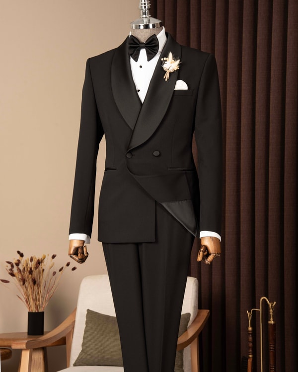Slim fit erkek kruvaze şal yaka ceket pantolon damatlık set siyah T20071-01