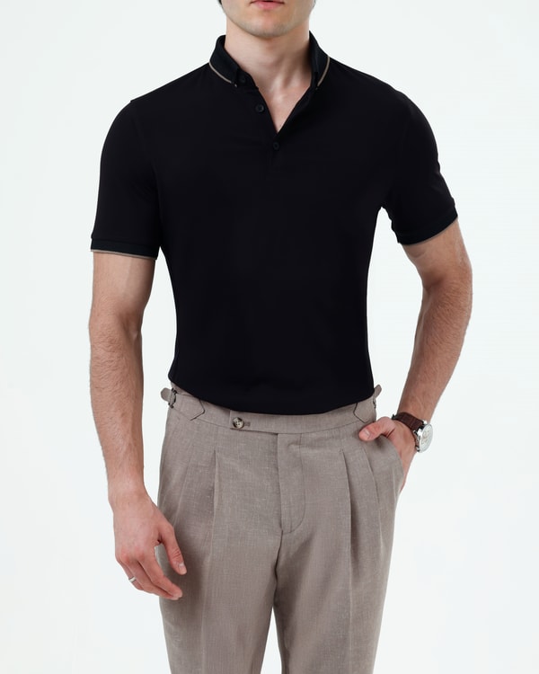 İtalyan stil slim fit erkek polo yaka kısa kollu triko tişört siyah T20041-01
