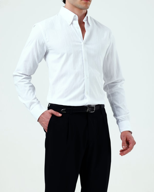 İtalyan stil slim fit düğme yaka erkek gömlek beyaz T11783