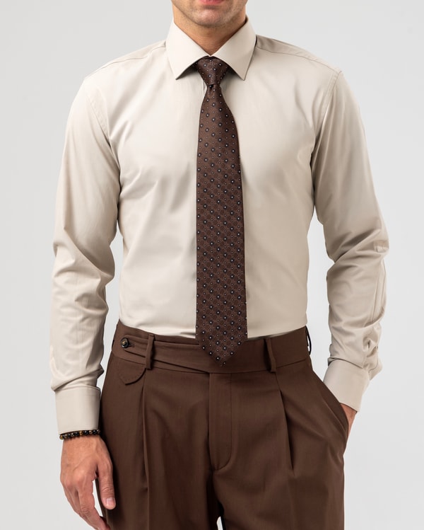 Slim fit max kravat yaka likralı erkek gömlek bej T20166-09