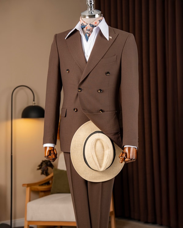 Slim fit erkek kruvaze sivri yaka ceket pantolon takım elbise açık kahve T20097-31