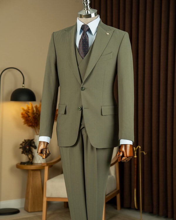Slim fit erkek sivri yaka çizgili ceket yelek pantolon takım elbise yeşil T20068-28