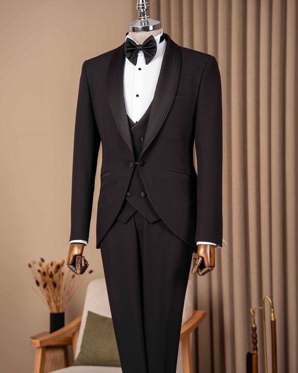 Slim fit erkek şal yaka ceket yelek pantolon damatlık set siyah T20069-01