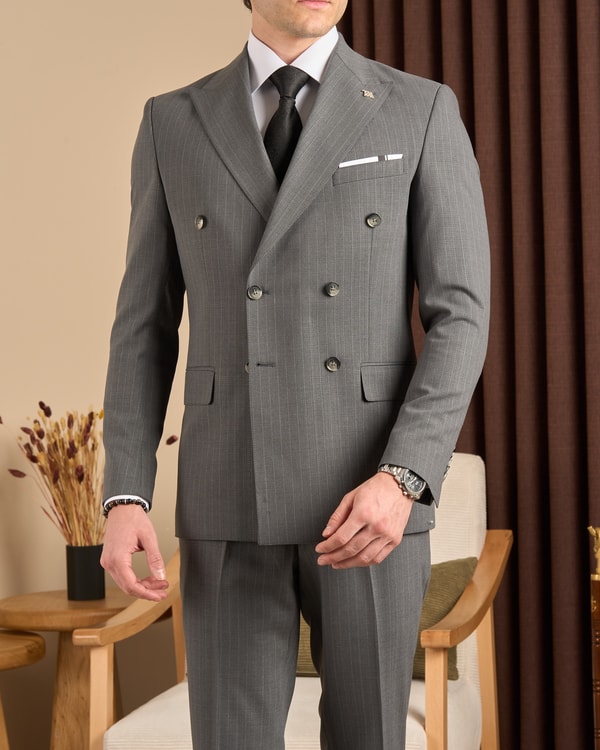 İtalyan stil kruvaze ceket pantolon takım elbise gri T15186