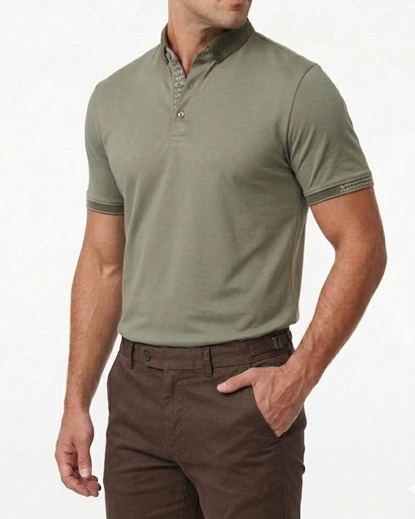 İtalyan stil slim fit polo yaka triko tişört haki T13782