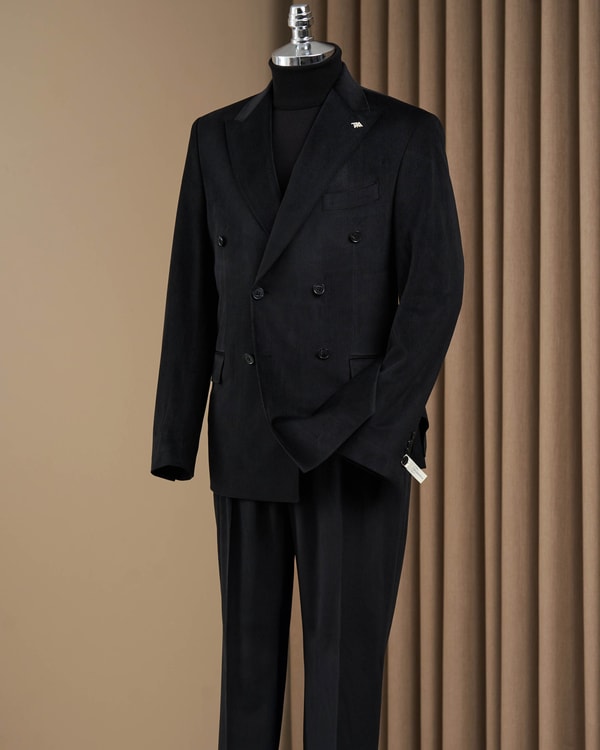 Slim fit sivri yaka kadife kalın fitilli erkek takım elbise siyah T20179-01