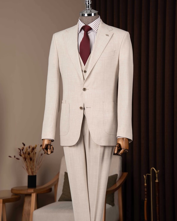 Slim fit erkek mono yaka torba cep ceket yelek pantolon takım elbise bej T20136-09