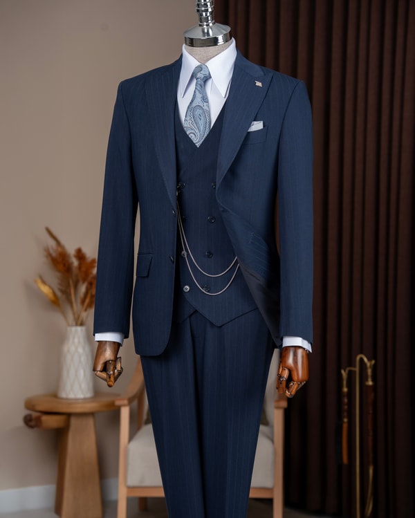 Slim fit erkek sivri yaka çizgili ceket yelek pantolon takım elbise lacivert T20068-02