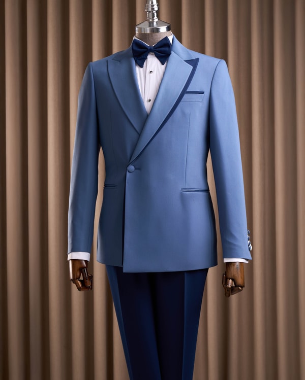 Slim fit erkek yaka detaylı ceket pantolon kombin takım elbise mavi T20148-19